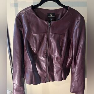 Worthington Moto Jacket Womens 10 Faux Leather Maroon Berry Crop Casual Raw Edge